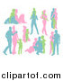 Vector Illustration of Green Blue and Pink Silhouetted Families by AtStockIllustration