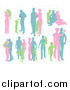 Vector Illustration of Green Pink and Blue Silhouetted Parents with Young Children by AtStockIllustration