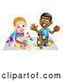 Vector Illustration of Happy Black Boy Playing with Blocks and White Girl Painting by AtStockIllustration