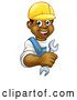 Vector Illustration of Happy Cartoon Black Male Plumber Holding a Wrench Around a Sign by AtStockIllustration