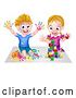 Vector Illustration of Happy Cartoon White Boy Kneeling and Hand Painting Artwork and Girl Playing with Toy Blocks by AtStockIllustration
