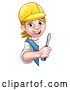 Vector Illustration of Happy Cartoon White Female Electrician Wearing a Hardhat, Holding a Screwdriver Around a Sign by AtStockIllustration