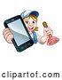 Vector Illustration of Happy Cartoon White Female Plumber Holding a Plunger and Cell Phone over a Sign by AtStockIllustration