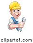 Vector Illustration of Happy Cartoon White Male Worker Holding a Spanner Wrench Around a Sign by AtStockIllustration