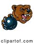 Vector Illustration of Mad Cartoon Grizzly Bear Mascot Holding out a Bowling Ball in a Clawed Paw by AtStockIllustration