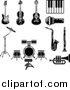 Vector Illustration of Musical Instruments and Items Including an Electric Guitar, Violin, Acoustic Guitar, Piano or Keyboard, Microphone, Saxophone, Clarinet, Drum Set and Trumpet by AtStockIllustration