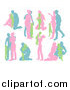 Vector Illustration of Pink Green and Blue Silhouetted Families by AtStockIllustration