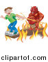 Vector Illustration of Plank Above the Fires of Hell, a Devil Holding a Pitchfork Behind Him by AtStockIllustration