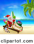Vector Illustration of Santa Waving and Holding a Cocktail While Lounging on a Beach with Vacation Items 2 by AtStockIllustration