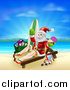 Vector Illustration of Santa Waving and Holding a Cocktail While Lounging on a Beach with Vacation Items by AtStockIllustration