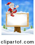 Vector Illustration of Santa Waving and Sitting on a Winter Sign Post by AtStockIllustration
