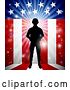 Vector Illustration of Silhouetted Full Length Male Military Veteran over an American Themed Flag and Bursts by AtStockIllustration