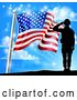Vector Illustration of Silhouetted Full Length Male Military Veteran Saluting over an American Flag and Sky by AtStockIllustration