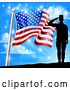 Vector Illustration of Silhouetted Full Length Male Military Veteran Saluting over an American Flag and Sky by AtStockIllustration