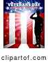 Vector Illustration of Silhouetted Full Length Male Military Veteran Saluting over an American Flag and Text by AtStockIllustration