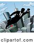 Vector Illustration of Silhouetted Super Businessman Flying Through a City by AtStockIllustration