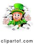 Vector Illustration of St Patricks Day Leprechaun Breaking Through White Brick Wall by AtStockIllustration