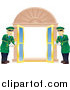 Vector Illustration of Two Friendly Door Men in Green Uniforms, Opening Double Doors by AtStockIllustration