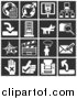 Vector Illustration of White Icons over a Black Background, Including Globes, Communications, Computers, a Dog, Files, Clapboard, Messenger, and a Letter by AtStockIllustration