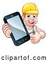 Vector Illustration of White Male Handyman Holding out a Smart Phone and Thumb up over a Sign by AtStockIllustration