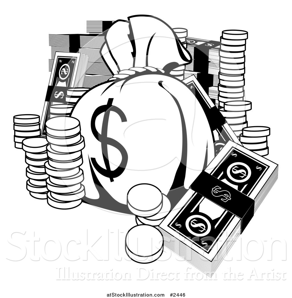 Vector Illustration of a Black and White Money Bag with Cash and Coins