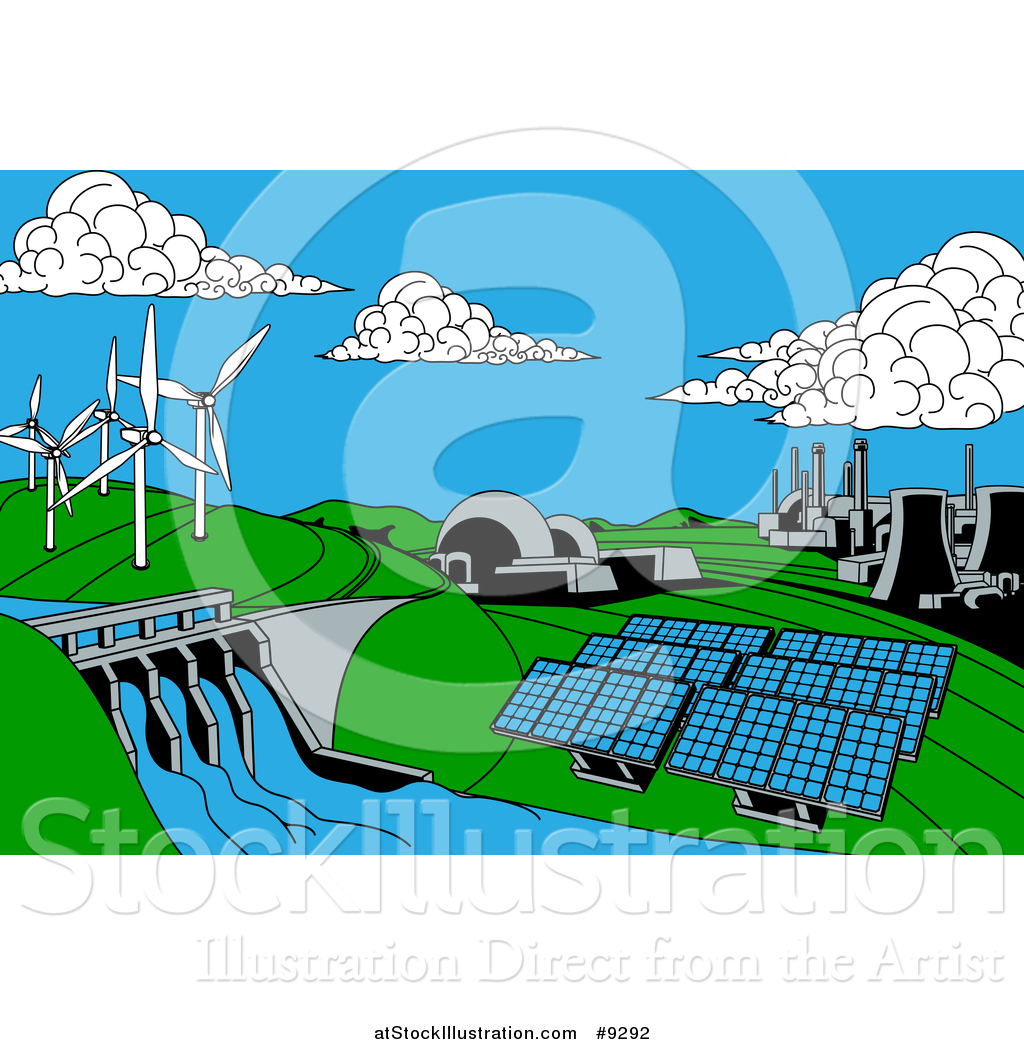 Vector Illustration of a Cartoon Landscape of Renewable Energy Plants