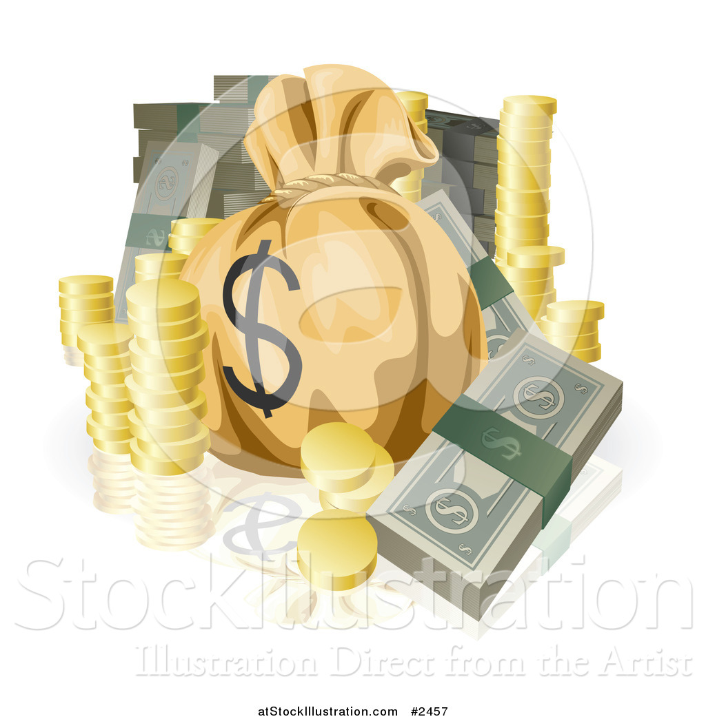 Vector Illustration Of Bundled Cash Stacked Coins And A Money Sack - vector illustration of bundled cash stacked coins and a money sack