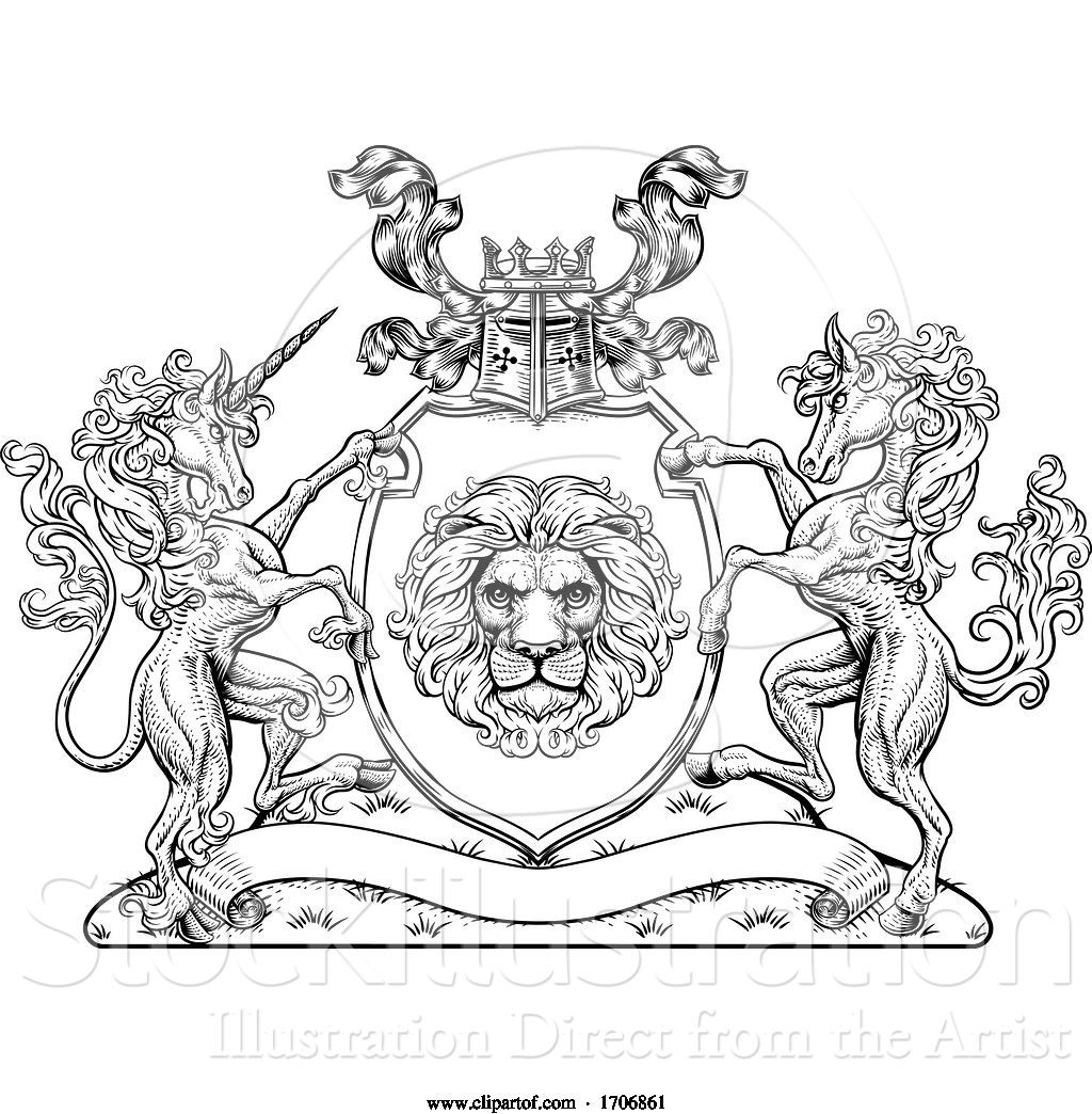 Vector Illustration of Crest Horse Unicorn Coat of Arms Lion Shield ...