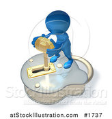 Illustration of a 3d Blue Guy Standing on a Big Padlock and Turning a Key by AtStockIllustration