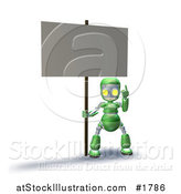 Illustration of a 3d Green Robot Character Pointing up and Holding a Blank Sign by AtStockIllustration