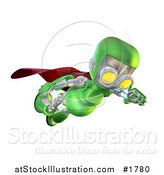 Illustration of a 3d Green Robot Character Super Hero Flying and Looking down by AtStockIllustration