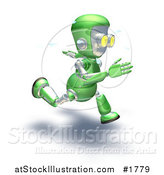 Illustration of a 3d Green Robot Character Sweating and Sprinting by AtStockIllustration
