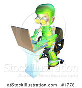 Illustration of a 3d Green Robot Character Using a Laptop at a Desk by AtStockIllustration