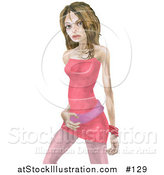 Illustration of a Brunette Female Model Wearing a Pink Dress and Purple Belt by AtStockIllustration