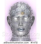 Illustration of a Chrome Wire Head with Glowing Eyes and Gears Working in the Brain, Symbolizing Creativity Artificial Intelligence, and Knowledge by AtStockIllustration
