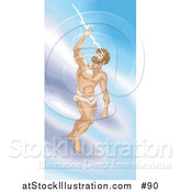 Illustration of a Greek God, Zeus, Standing on a Cloud and Grasping a Thunderbolt by AtStockIllustration
