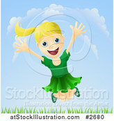 Illustration of a Happy Blond Girl Jumping Outdoors by AtStockIllustration