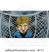Illustration of a Miserable Boy by a Chainlink Fence on a Playground on a Stormy Day by AtStockIllustration
