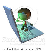 Illustration of a Pete Man Character Standing on a Laptop and Pointing at the Screen by AtStockIllustration