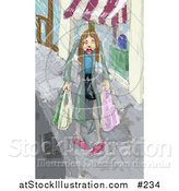 Illustration of a Sad Woman Carrying Shopping Bags in Pouring Rain by AtStockIllustration