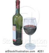 Illustration of a Wineglass with Red Wine and a Bottle by AtStockIllustration