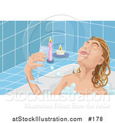 Illustration of a Woman Taking Time to Unwind at the End of Her Day, Soaking in a Relaxing Bubble Bath and Drinking Wine by Candlelight by AtStockIllustration