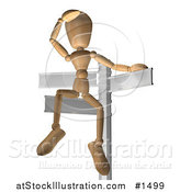 Illustration of a Wooden Figure Seated on a Sign Post, Looking out into the Distance, Symbolizing Opportunity and Options by AtStockIllustration