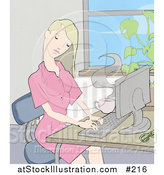 Illustration of a Young Blond Woman Working on a Computer at a Desk in an Office by AtStockIllustration