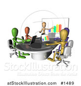 Illustration of Colorful and Diverse Dummy Figures Using Laptops and a Bar Graph on a Board in a Meeting by AtStockIllustration