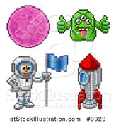 Illustration of Retro 8 Bit Pixel Art Video Game Styled Astronaut, Rocket, Alien and Planet by AtStockIllustration