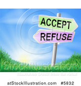 Vector Illustration of 3d Accept or Refuse Arrow Signs over Grassy Hills and a Sunrise by AtStockIllustration