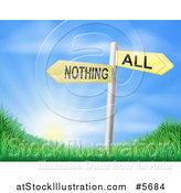 Vector Illustration of 3d All or Nothing Signs over Hills and a Sunrise by AtStockIllustration