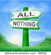 Vector Illustration of 3d All or Nothing Signs over Hills and a Sunrise by AtStockIllustration