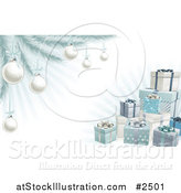 Vector Illustration of 3d Christmas Gifts with a Tree Silver Baubles and Rays by AtStockIllustration